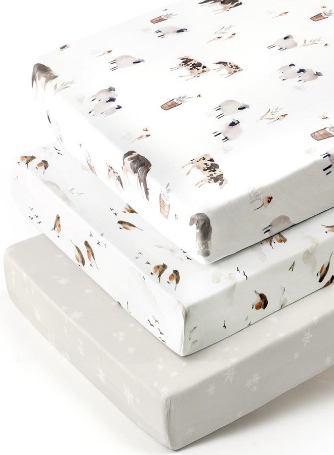 GRSSDER Stretchy Ultra Soft Jersey Knit Pack and Play Sheets Set 3 Pack, Portable/Mini Crib Sheets for Boys and Girls, Universal Fit for Pack N Plays Safe and Snug, Cute Watercolor Cows and Birds Print - Image 1